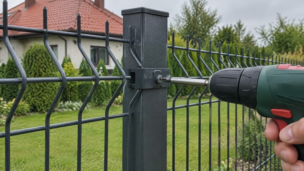 Montaż ogrodzenia panelowego: dokręcanie obejmy panelu 3D do słupka wkrętarką