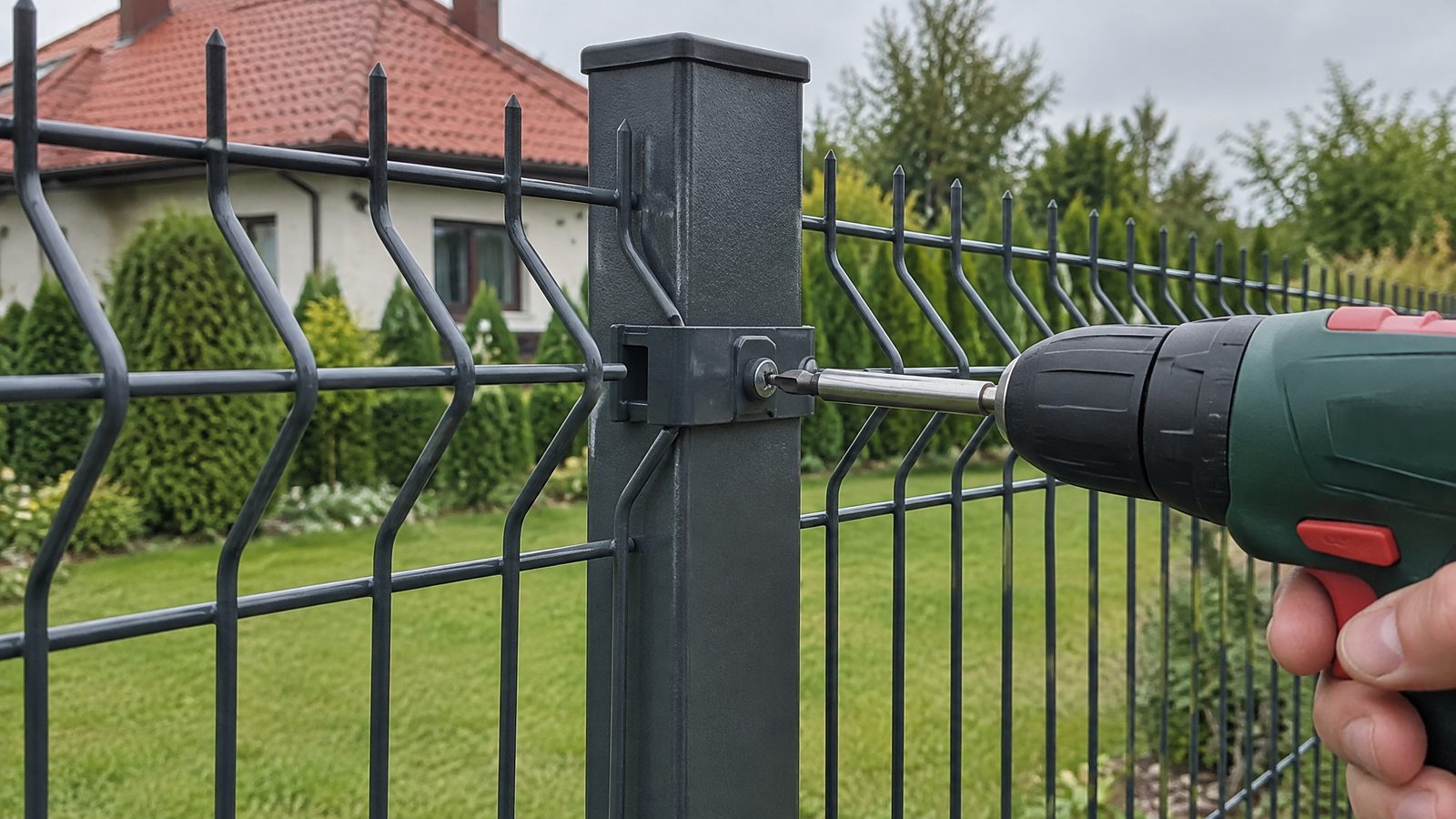 Montaż ogrodzenia panelowego: dokręcanie obejmy panelu 3D do słupka wkrętarką