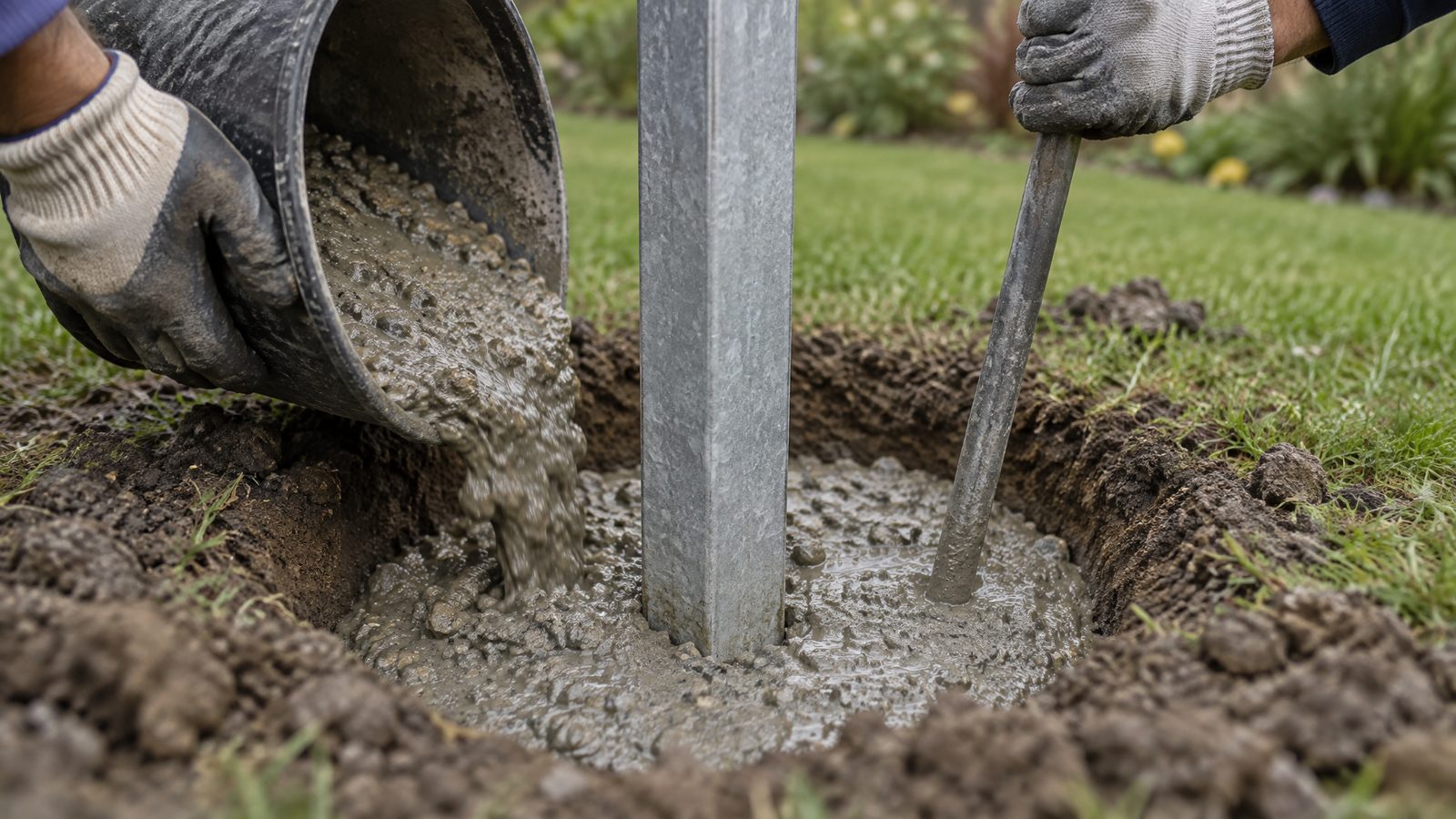 Betonowanie słupka ogrodzeniowego: beton wlewany warstwami do dołka wokół słupka 60x40 mm